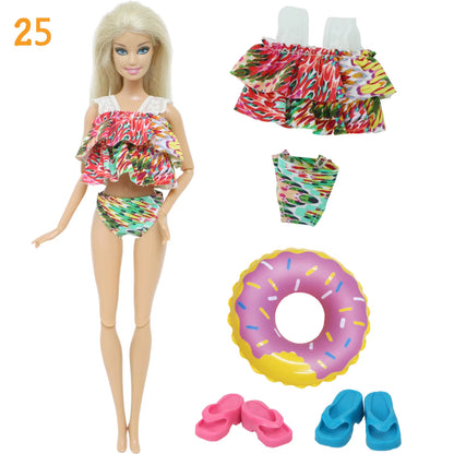 4Pcs/Set Doll Swimsuit + Random Lifebuoy + Slippers Cute Swimwear Swimming Ring Shoes Beach Accessories Clothes 11.5 Inch Dolls