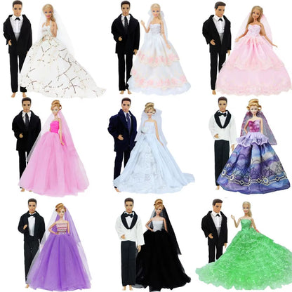 Ba Doll Bie 2 Set High Quality 11.5 Inch Doll 1/6 Bride Wedding Dress Veil + Bridegroom Suit Shirt Trousers Clothes Kid Toy BJD