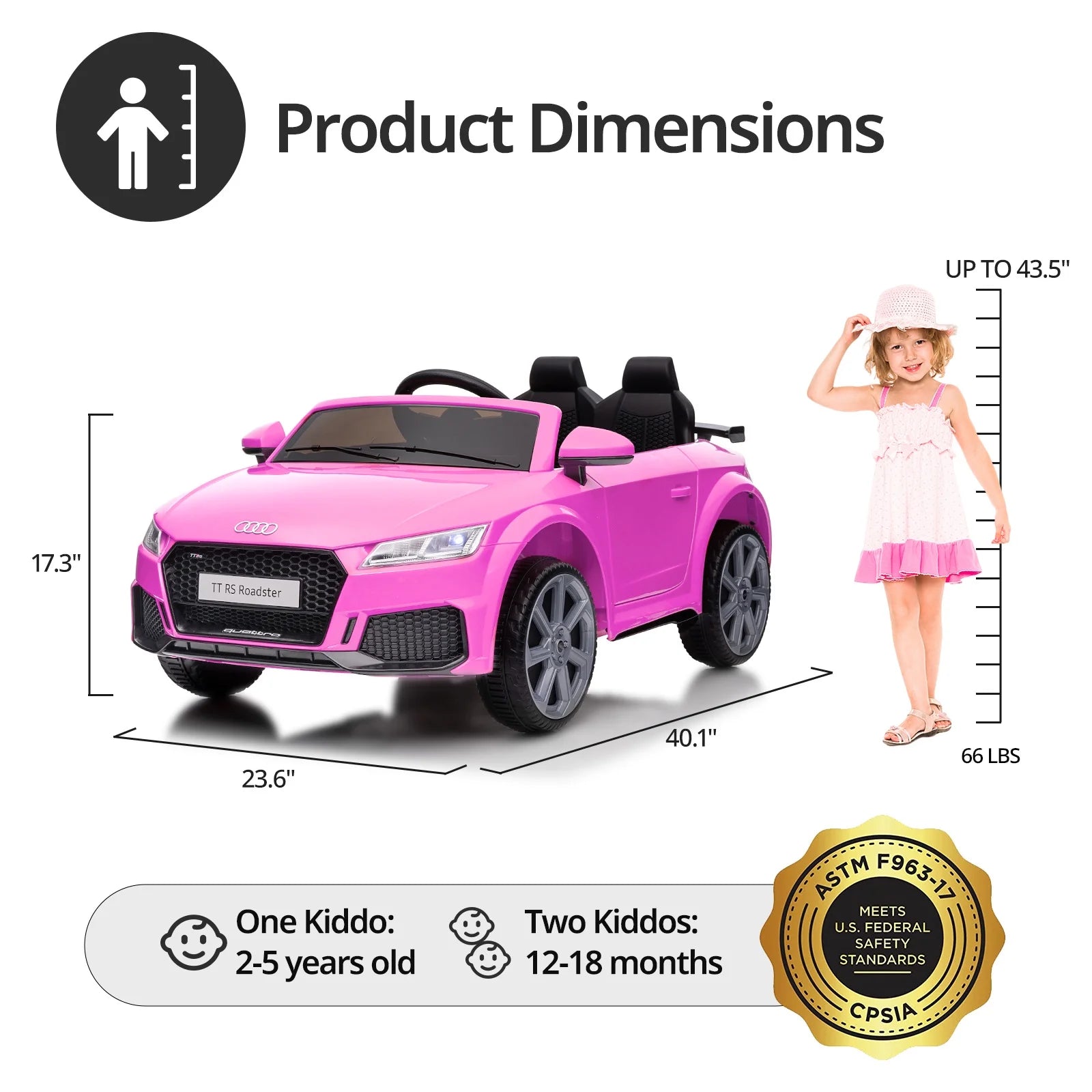 Kids Ride on Car, Licensed Audi TT 12V Electric Car Toy with Remote, LED Light - Pink