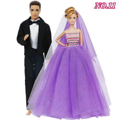 Ba Doll Bie 2 Set High Quality 11.5 Inch Doll 1/6 Bride Wedding Dress Veil + Bridegroom Suit Shirt Trousers Clothes Kid Toy BJD