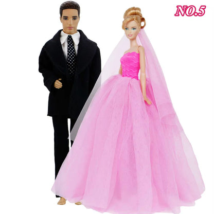 Ba Doll Bie 2 Set High Quality 11.5 Inch Doll 1/6 Bride Wedding Dress Veil + Bridegroom Suit Shirt Trousers Clothes Kid Toy BJD