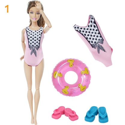 4Pcs/Set Doll Swimsuit + Random Lifebuoy + Slippers Cute Swimwear Swimming Ring Shoes Beach Accessories Clothes 11.5 Inch Dolls