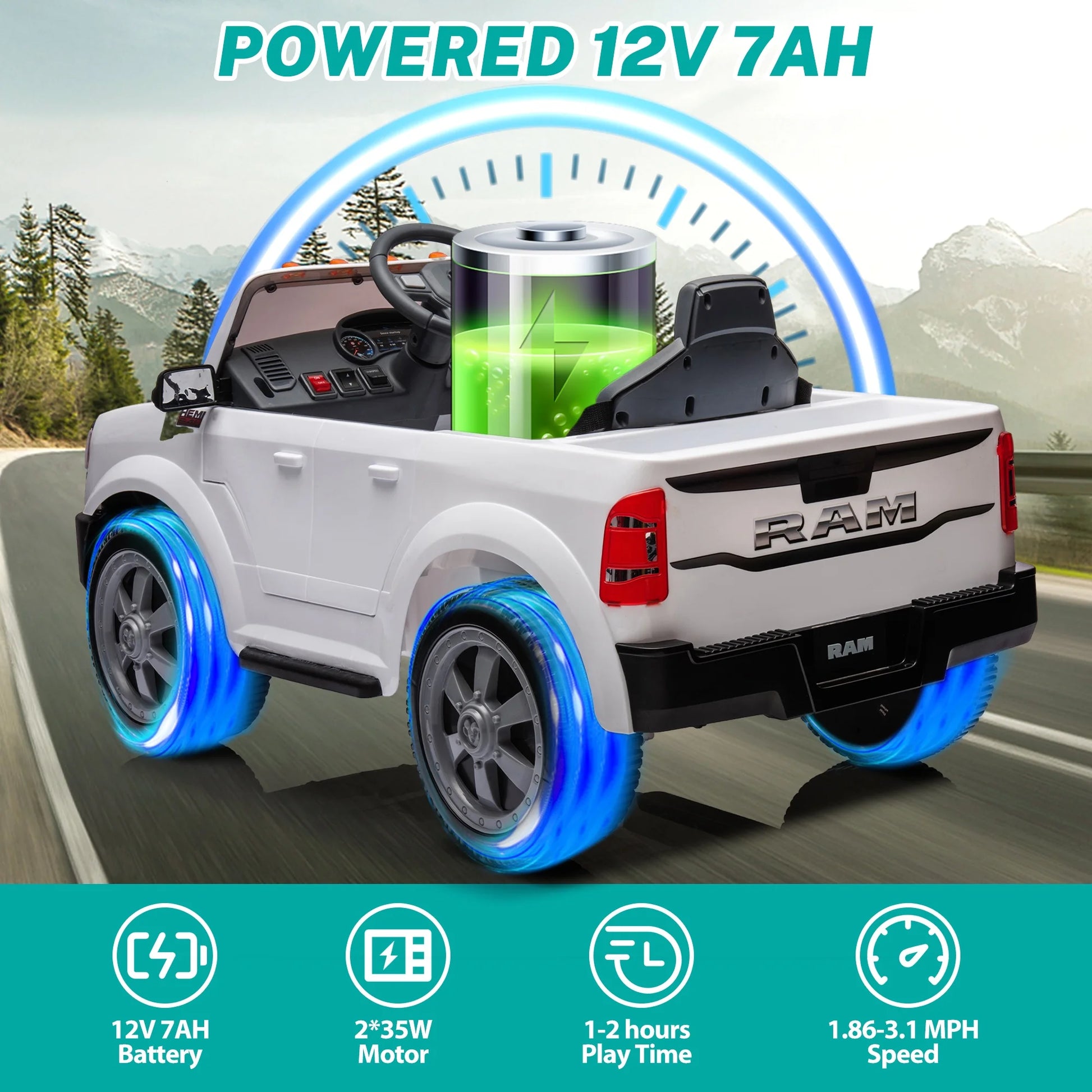 12V Ride on Cars, Licensed Dodge RAM 2500 Kids Ride on Toys with Remote Control, Ride on Trucks with Music, MP3/USB Port, Back Storage, LED Light, Electric Cars for Kids Boys Girls, White