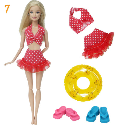 4Pcs/Set Doll Swimsuit + Random Lifebuoy + Slippers Cute Swimwear Swimming Ring Shoes Beach Accessories Clothes 11.5 Inch Dolls