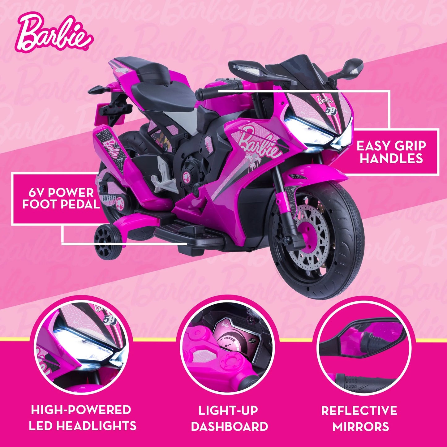 6V Barbie Motorcycle Ride On, Max 1 Mph, for Kids Ages 3+ Years, by