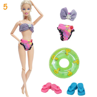 4Pcs/Set Doll Swimsuit + Random Lifebuoy + Slippers Cute Swimwear Swimming Ring Shoes Beach Accessories Clothes 11.5 Inch Dolls