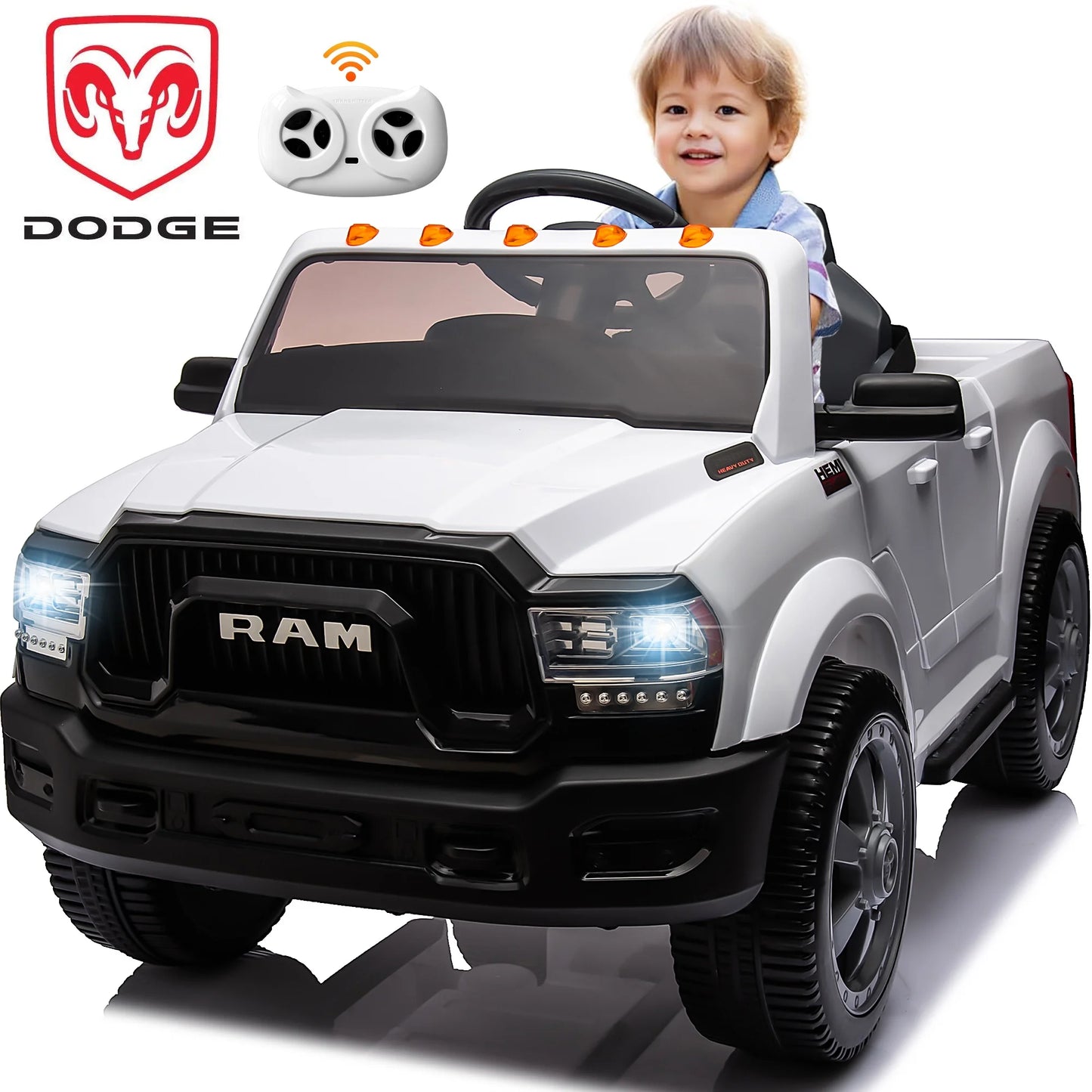 12V Ride on Cars, Licensed Dodge RAM 2500 Kids Ride on Toys with Remote Control, Ride on Trucks with Music, MP3/USB Port, Back Storage, LED Light, Electric Cars for Kids Boys Girls, White