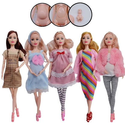 Educational Toy Pregnant Dolls for Children with Two Babies and Random Shoes Accessories Fashion Clothes Gift for Girl Games