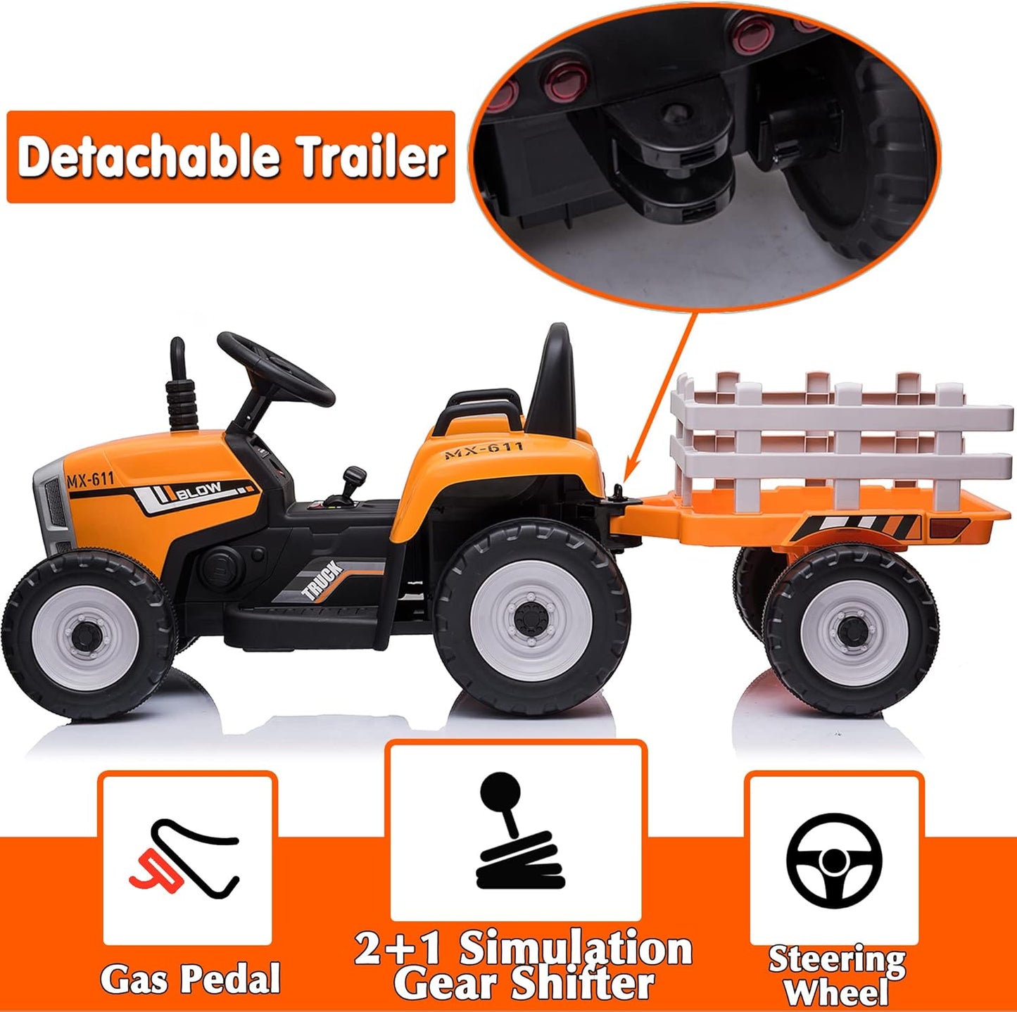 12V 7Ah Ride on Tractor Ride on Car with Remote Control Electric Car with Trailer Battery Powered Ride on Toys Car for Kids Boys Girl, Music Play, Orange