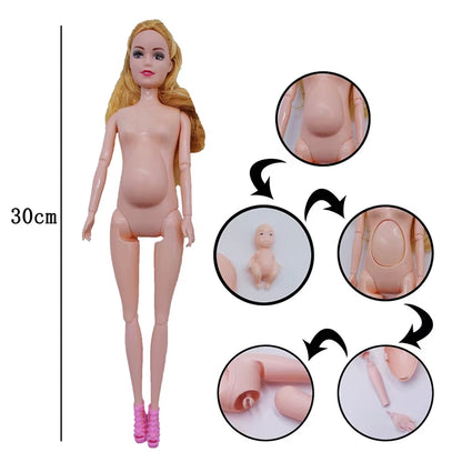 Educational Toy Pregnant Dolls for Children with Two Babies and Random Shoes Accessories Fashion Clothes Gift for Girl Games