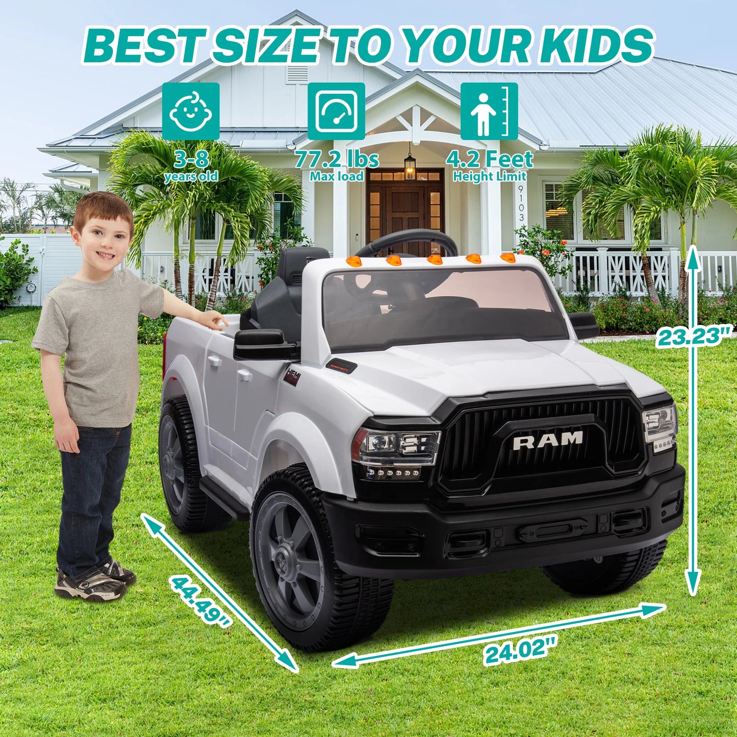 12V Ride on Cars, Licensed Dodge RAM 2500 Kids Ride on Toys with Remote Control, Ride on Trucks with Music, MP3/USB Port, Back Storage, LED Light, Electric Cars for Kids Boys Girls, White