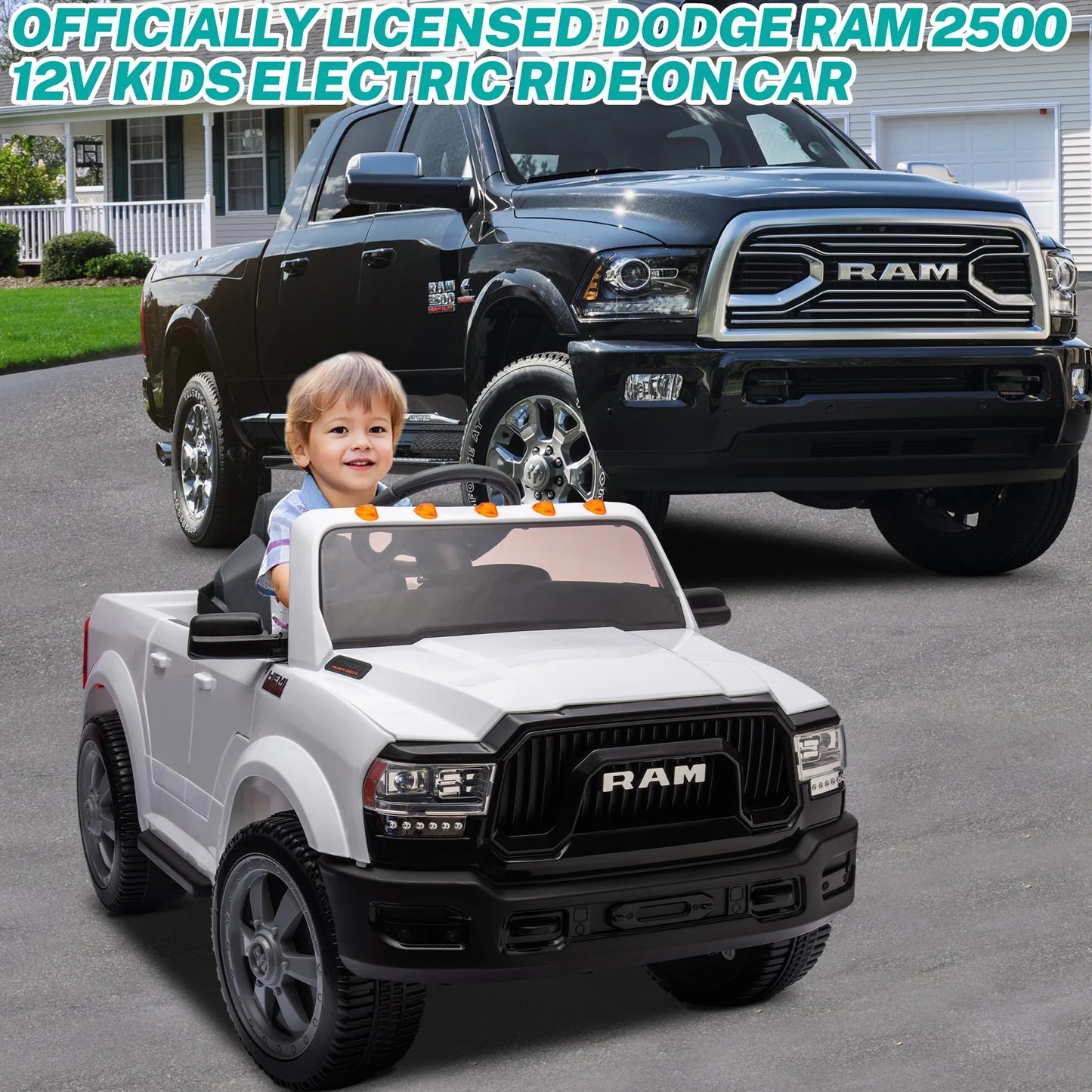 12V Ride on Cars, Licensed Dodge RAM 2500 Kids Ride on Toys with Remote Control, Ride on Trucks with Music, MP3/USB Port, Back Storage, LED Light, Electric Cars for Kids Boys Girls, White