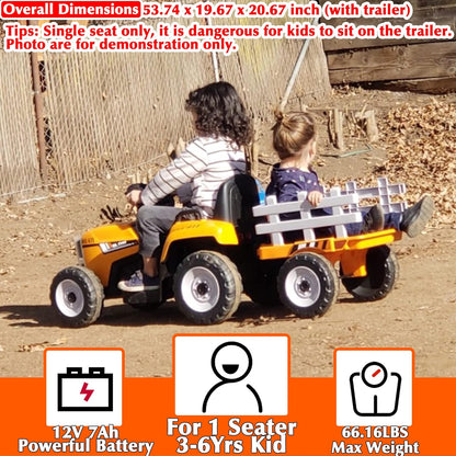 12V 7Ah Ride on Tractor Ride on Car with Remote Control Electric Car with Trailer Battery Powered Ride on Toys Car for Kids Boys Girl, Music Play, Orange