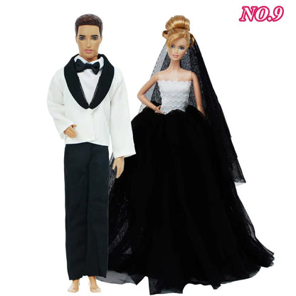 Ba Doll Bie 2 Set High Quality 11.5 Inch Doll 1/6 Bride Wedding Dress Veil + Bridegroom Suit Shirt Trousers Clothes Kid Toy BJD