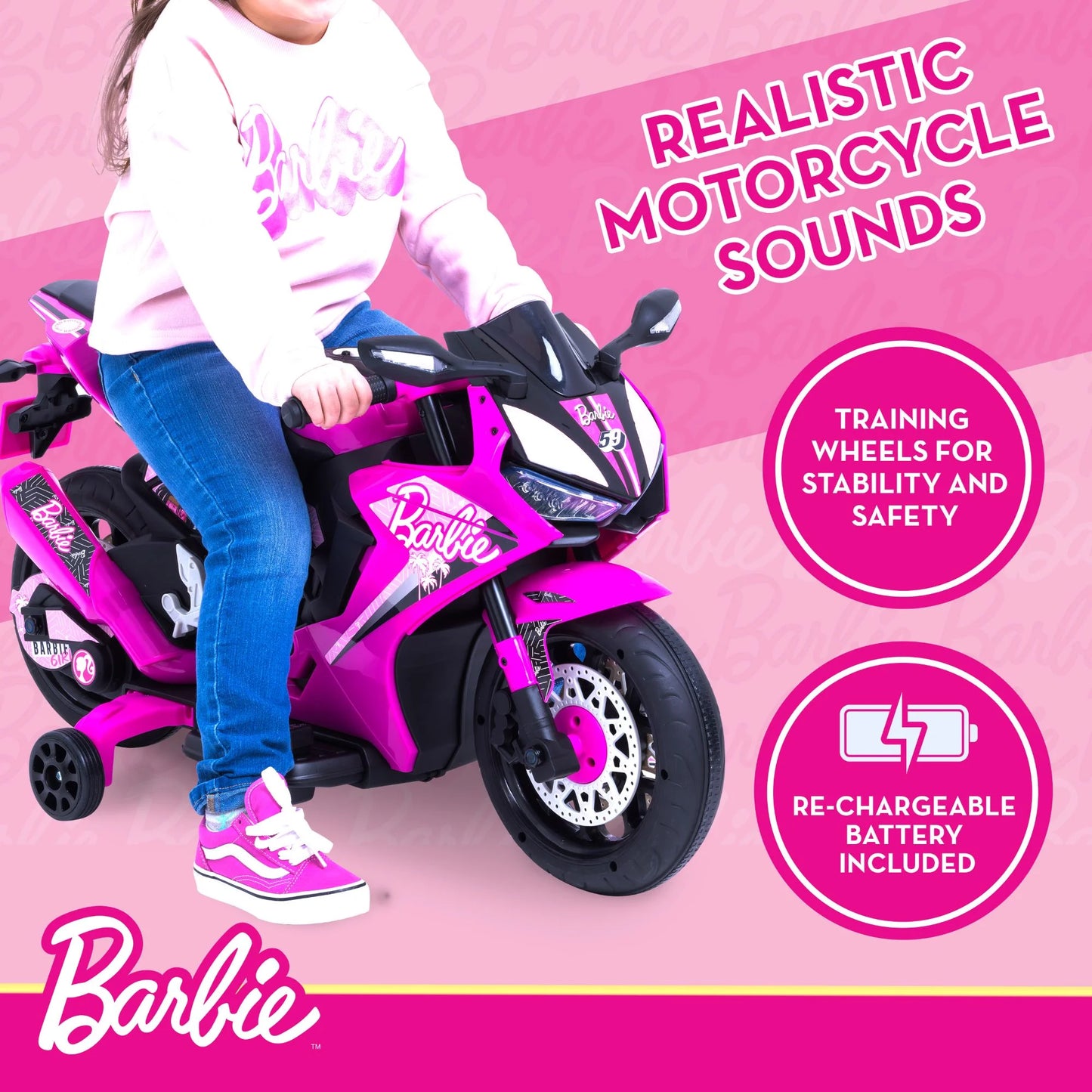 6V Barbie Motorcycle Ride On, Max 1 Mph, for Kids Ages 3+ Years, by