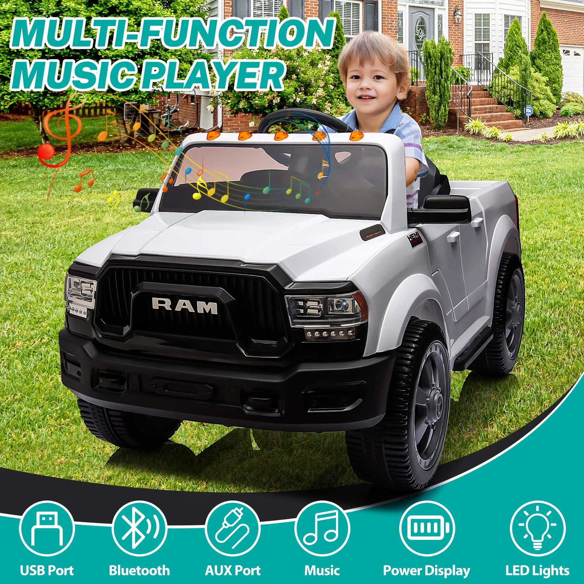 12V Ride on Cars, Licensed Dodge RAM 2500 Kids Ride on Toys with Remote Control, Ride on Trucks with Music, MP3/USB Port, Back Storage, LED Light, Electric Cars for Kids Boys Girls, White