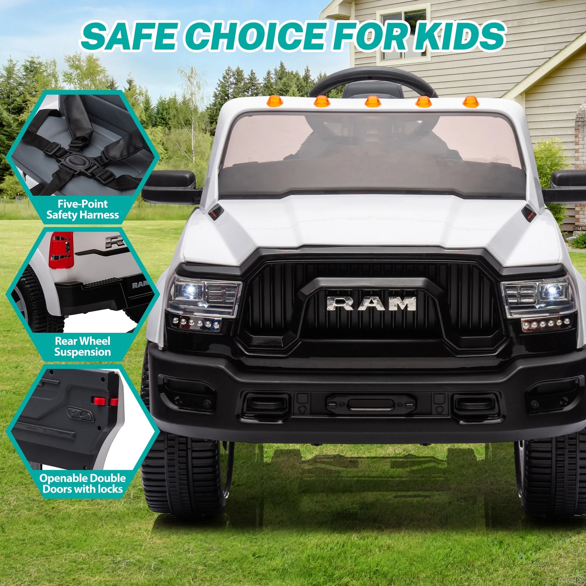 12V Ride on Cars, Licensed Dodge RAM 2500 Kids Ride on Toys with Remote Control, Ride on Trucks with Music, MP3/USB Port, Back Storage, LED Light, Electric Cars for Kids Boys Girls, White