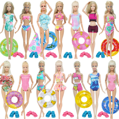 4Pcs/Set Doll Swimsuit + Random Lifebuoy + Slippers Cute Swimwear Swimming Ring Shoes Beach Accessories Clothes 11.5 Inch Dolls