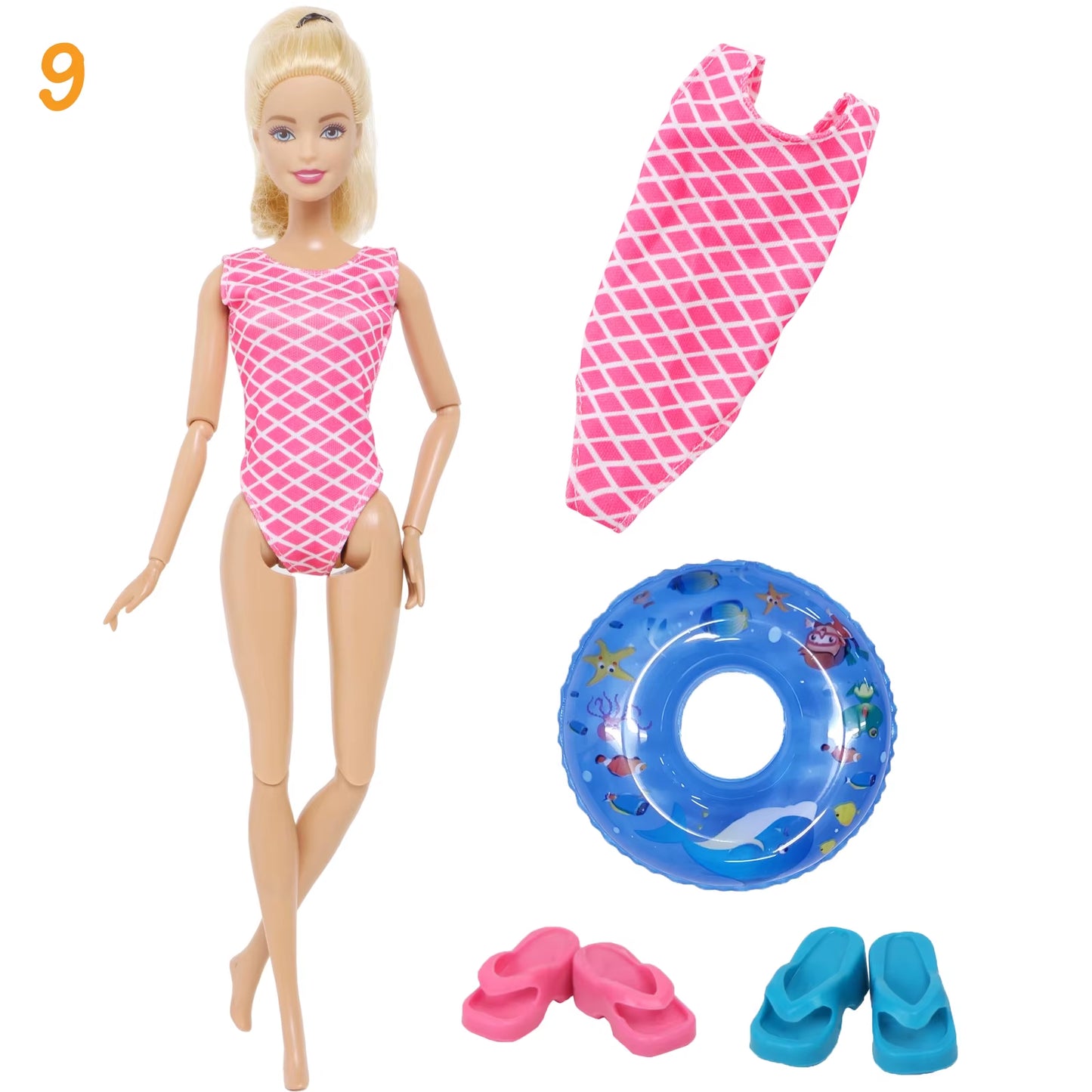 4Pcs/Set Doll Swimsuit + Random Lifebuoy + Slippers Cute Swimwear Swimming Ring Shoes Beach Accessories Clothes 11.5 Inch Dolls