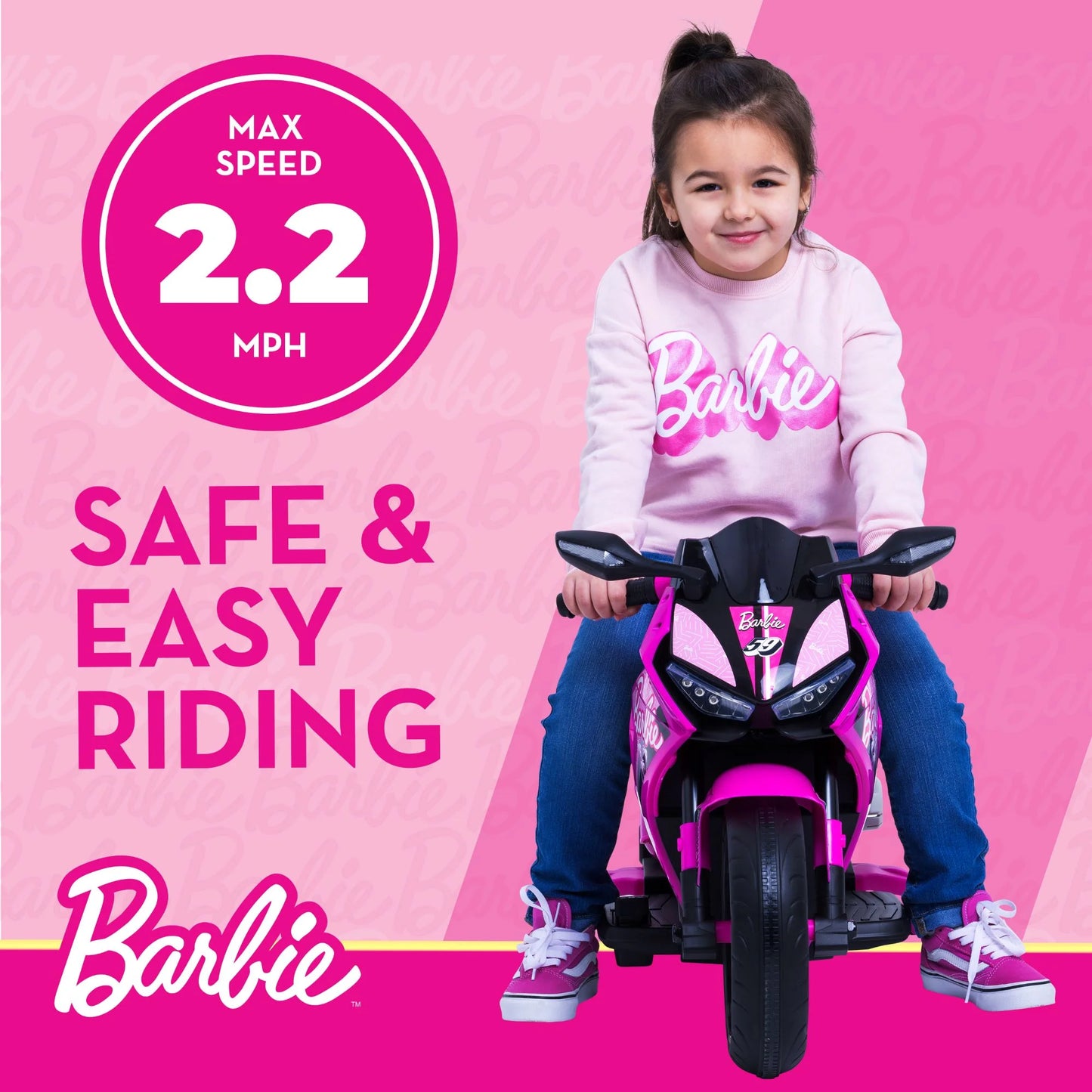 6V Barbie Motorcycle Ride On, Max 1 Mph, for Kids Ages 3+ Years, by