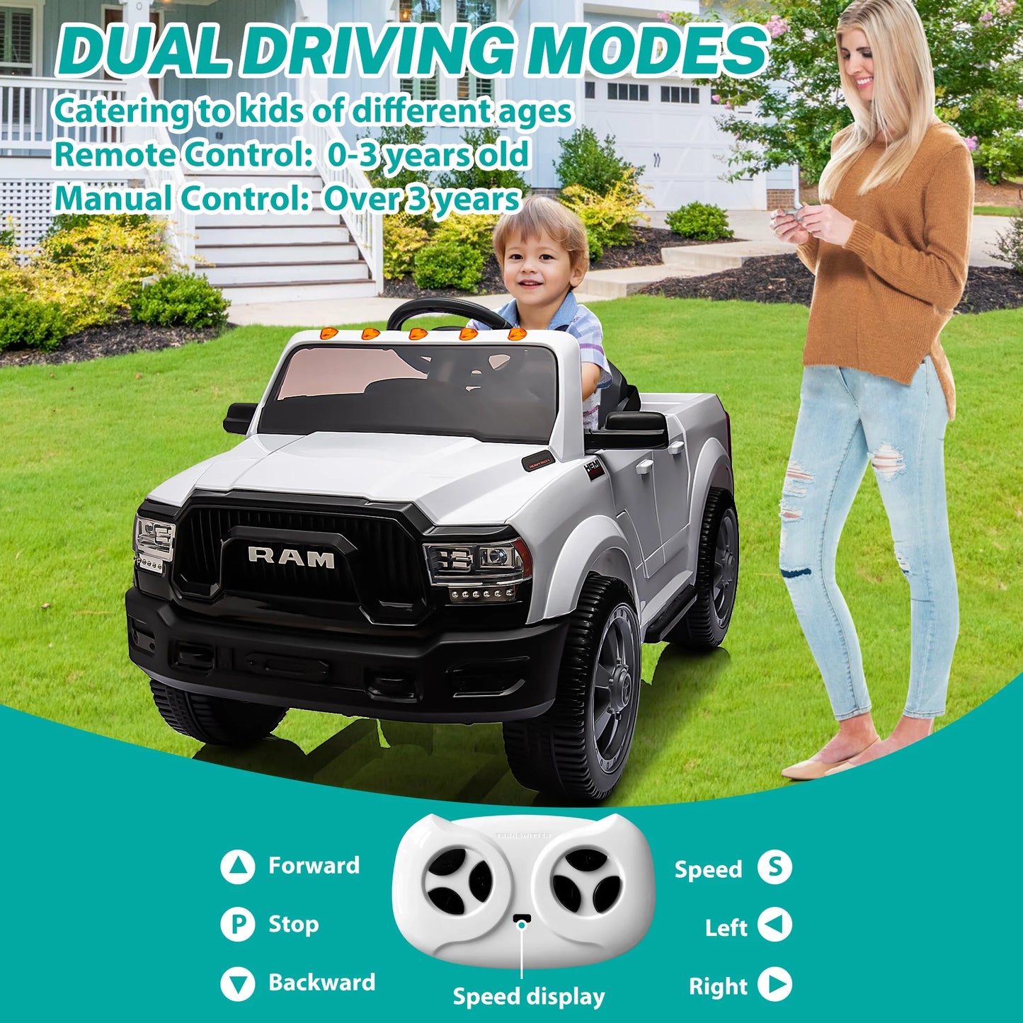 12V Ride on Cars, Licensed Dodge RAM 2500 Kids Ride on Toys with Remote Control, Ride on Trucks with Music, MP3/USB Port, Back Storage, LED Light, Electric Cars for Kids Boys Girls, White